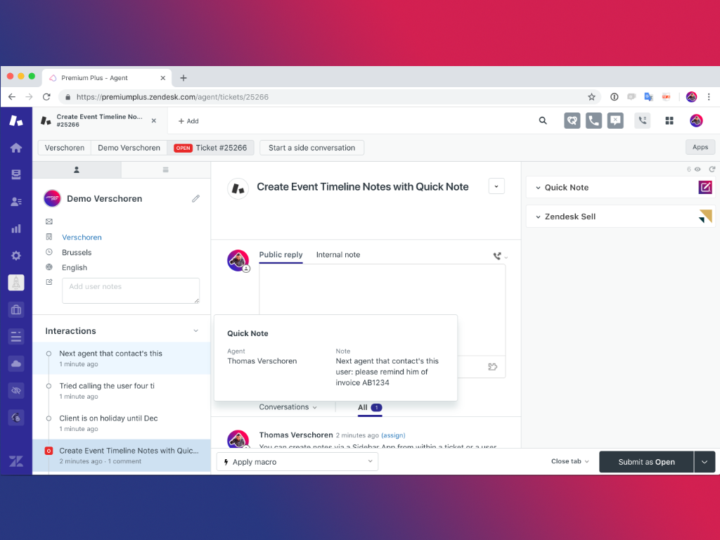 Quick Note App Integration with Zendesk Support